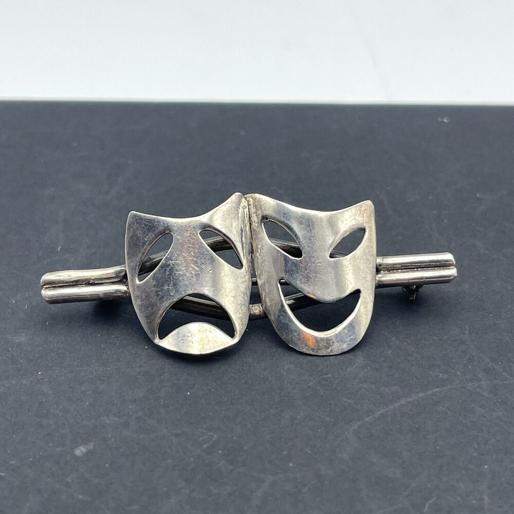 Vtg Sterling Silver Comedy Tragedy Face Mask Pin 2" Theater Actor Brooch 925